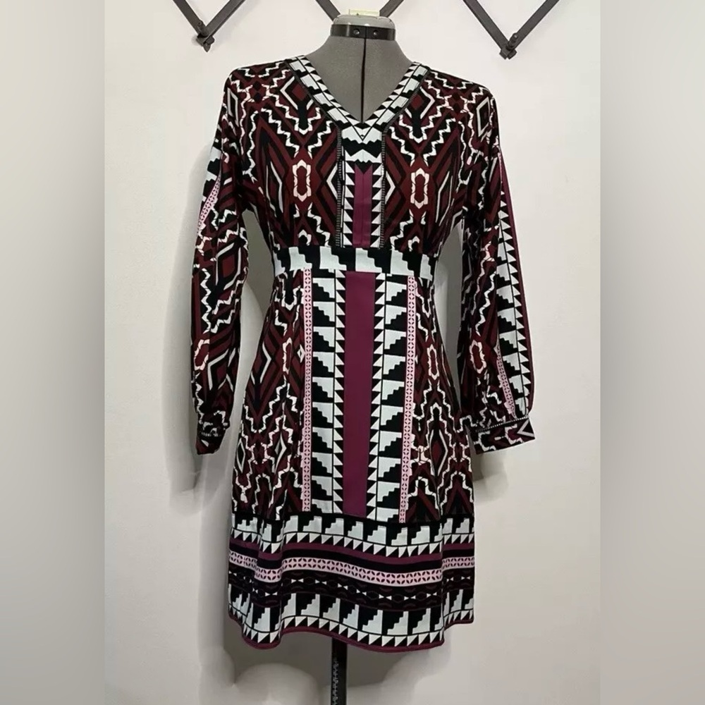 Marie Oliver Black and White Sheath Dress with Bishop Sleeves Geometric